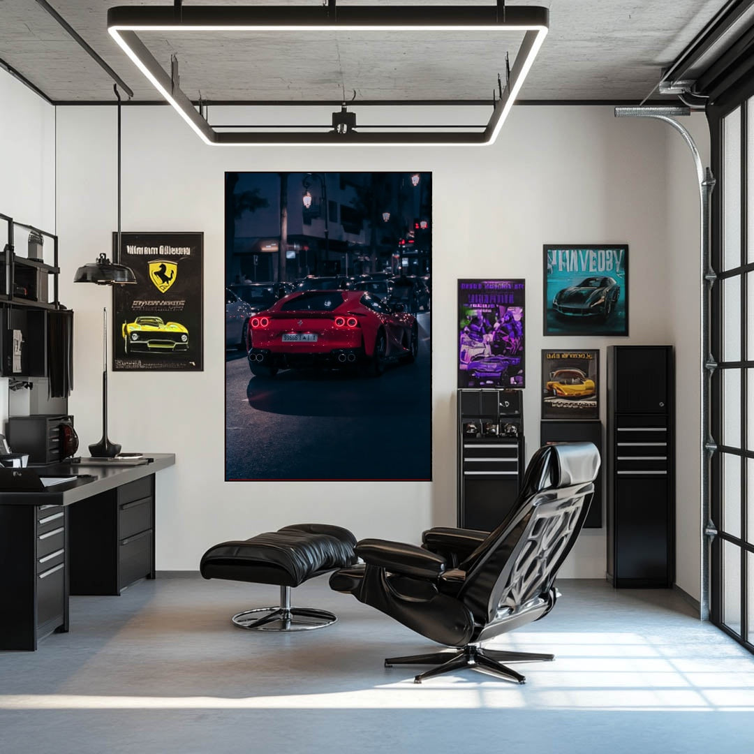 Ferrari 812 Superfast in the City wall art displayed in a modern office with stylish decor.