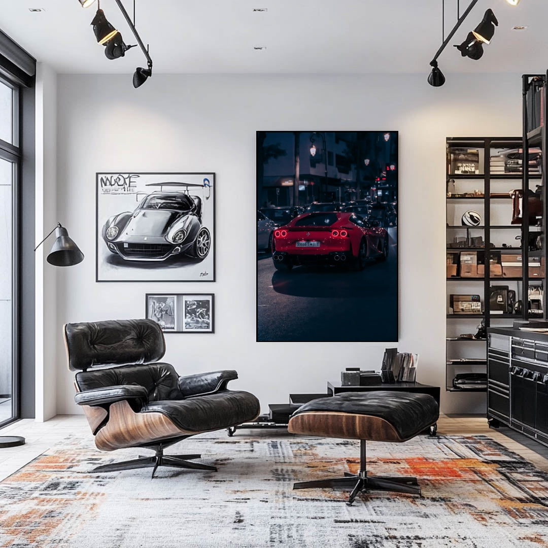 Ferrari 812 Superfast in the City wall art showcased in a stylish modern living room, featuring dynamic lighting and decor.