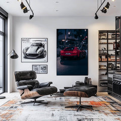 Ferrari 812 Superfast in the City wall art showcased in a stylish modern living room, featuring dynamic lighting and decor.