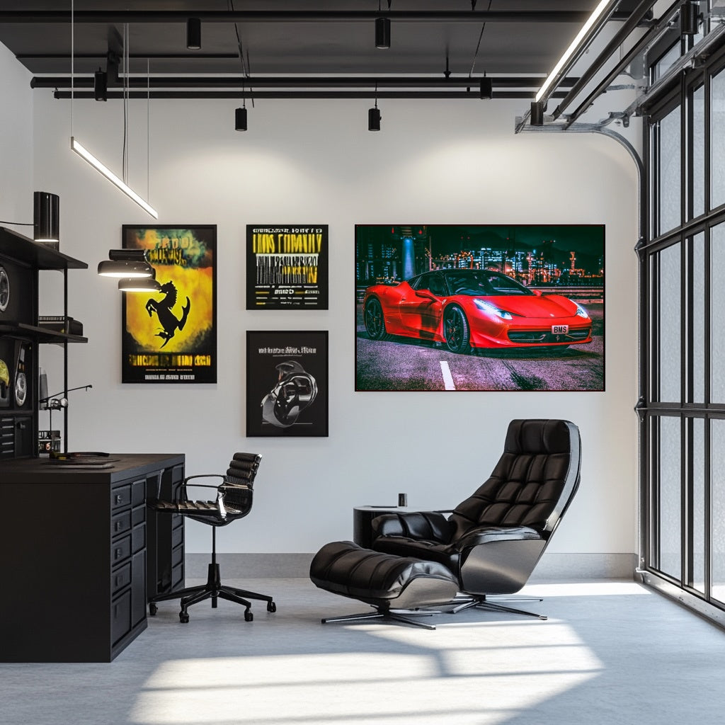 Ferrari 458 Italia Amid City Lights displayed as car wall art in a modern home office with sleek furnishings.