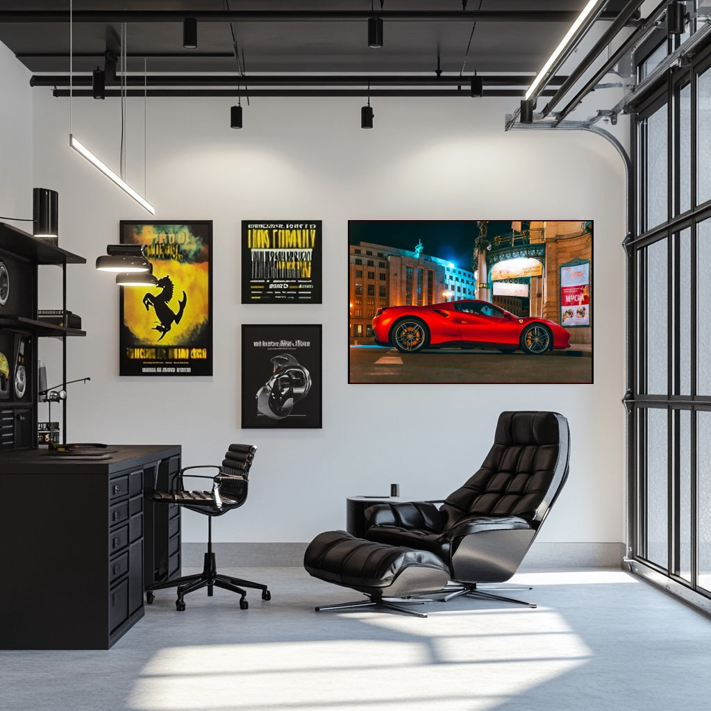 Ferrari 488 GTB Glowing Red showcased as car wall art in a modern office interior with stylish decor.