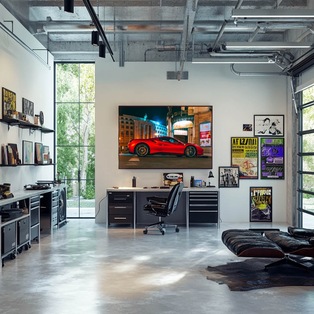Ferrari 488 GTB Glowing Red showcased as car wall art in a modern office space with industrial decor.