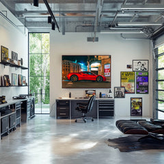 Ferrari 488 GTB Glowing Red showcased as car wall art in a modern office space with industrial decor.