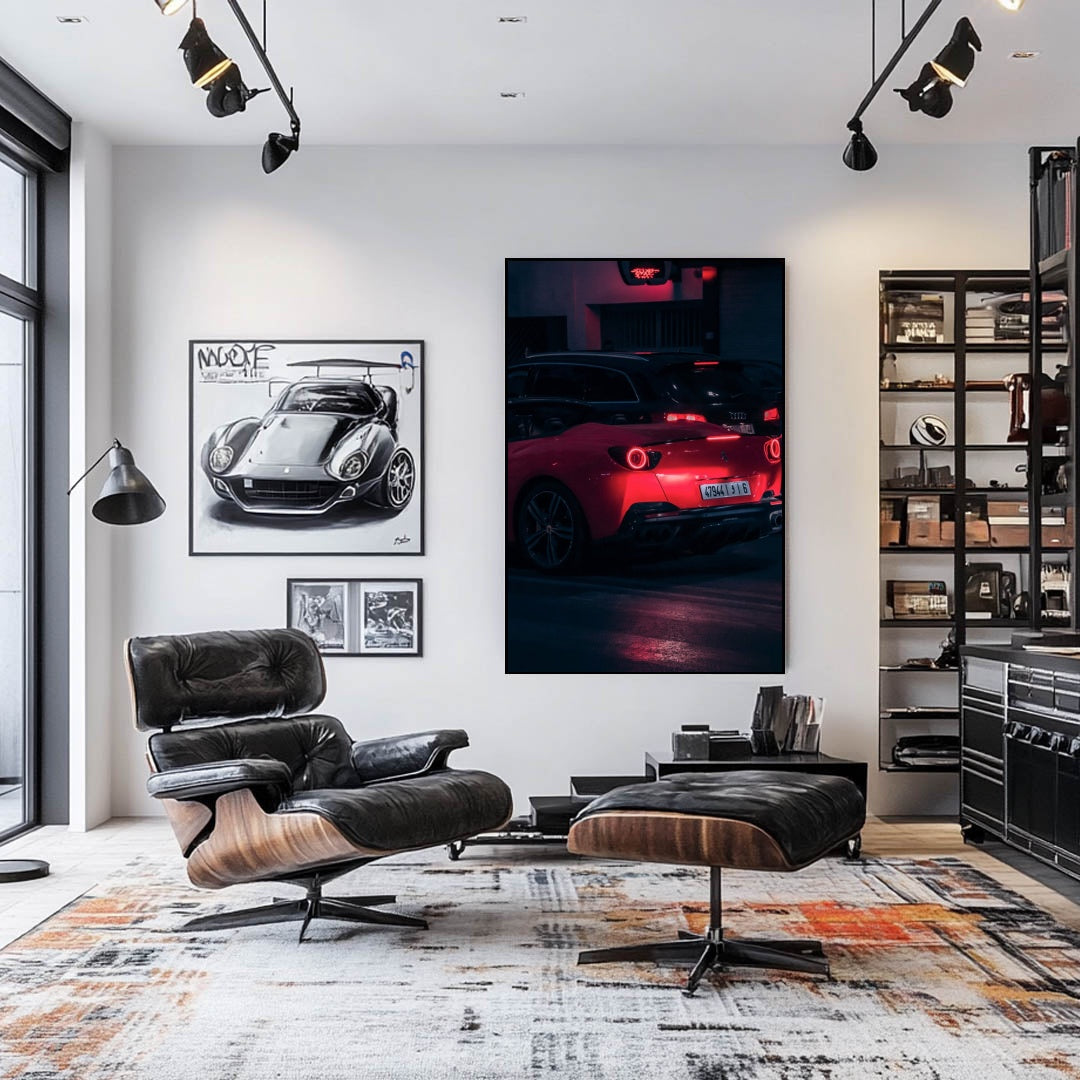 Ferrari Portofino at Night showcased as wall art, illuminated against a stylish modern living room backdrop.