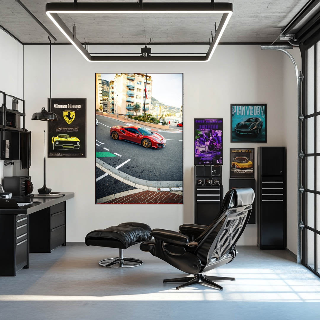 Ferrari 488 Pista Cruising Monaco wall art displayed in a modern office with stylish decor.