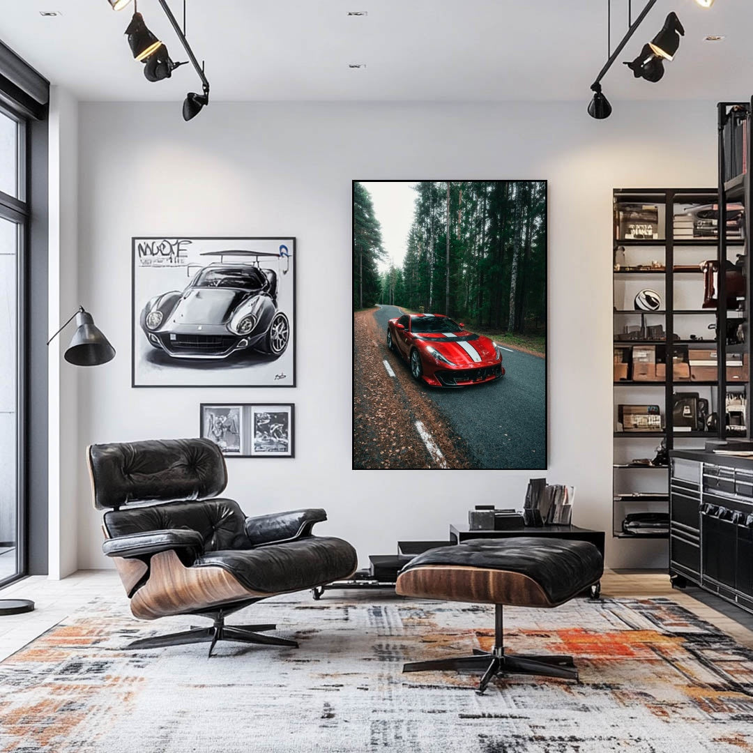 Ferrari 812 Superfast on the Forest Path showcased as car wall art in a stylish modern living room.