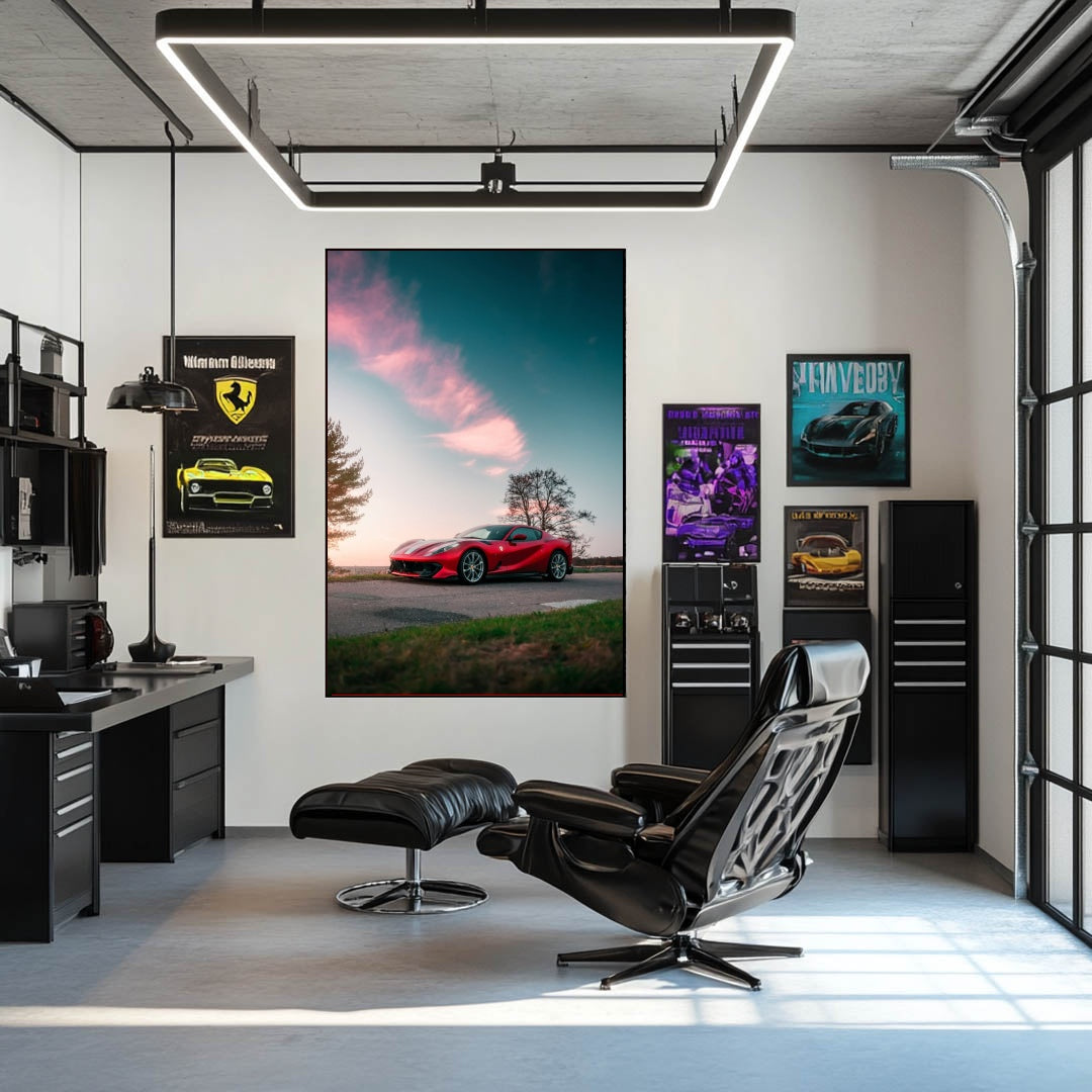 Ferrari 812 Superfast at Sunset displayed as car wall art in a modern office setting.