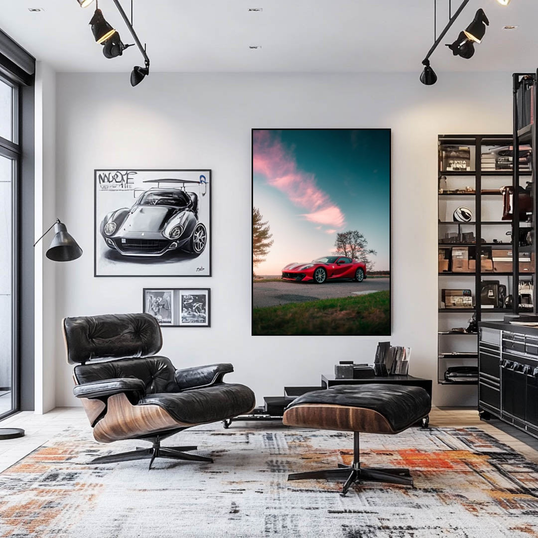 Ferrari 812 Superfast at Sunset wall art displayed in a stylish modern living room interior.