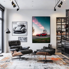 Ferrari 812 Superfast at Sunset wall art displayed in a stylish modern living room interior.
