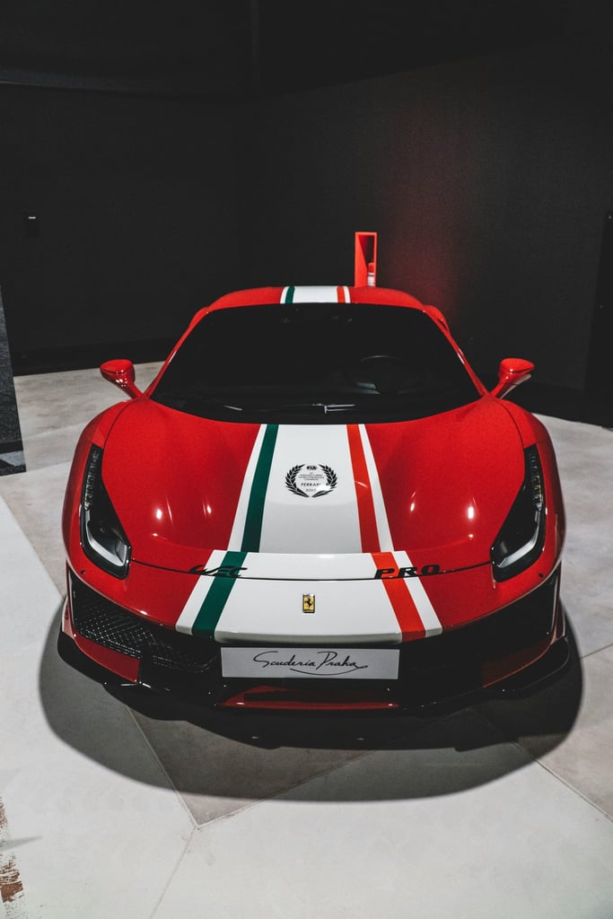 Ferrari x FIA Championship Badge on a red car with white and Italian flag stripes, perfect for car wall art.