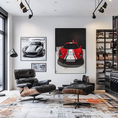 Ferrari x FIA Championship Badge art displayed in a modern living room showcasing car wall art.