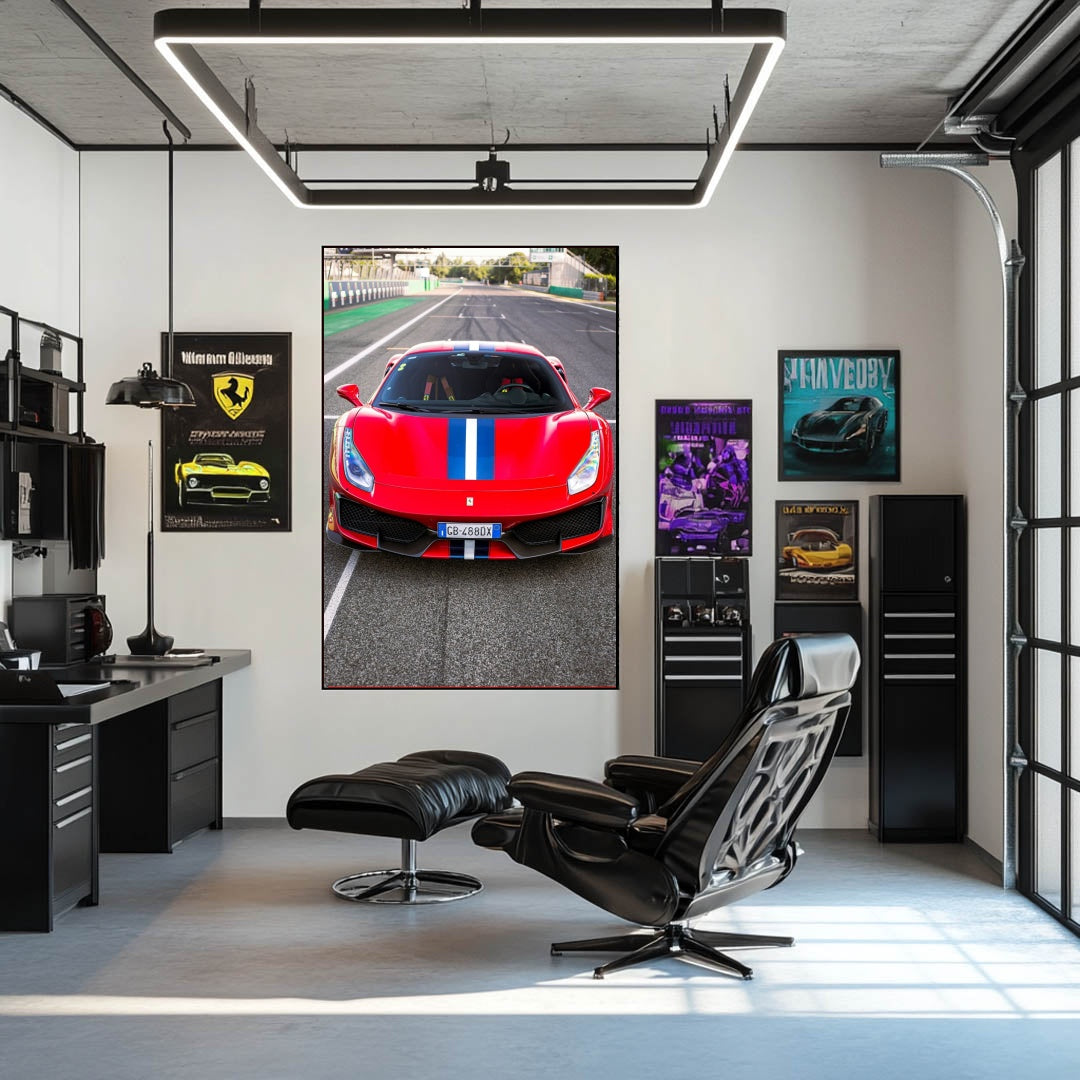 Ferrari 488 Pista on Track displayed as car wall art in modern office setting with racing posters.