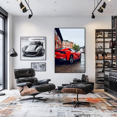 Ferrari 812 Superfast on Wet Streets showcased in modern interior with urban decor, emphasizing its glossy red finish.