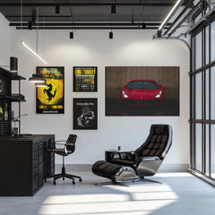 Rain-Soaked Ferrari 488 GTB wall art displayed in a modern office interior with black furniture and large windows.