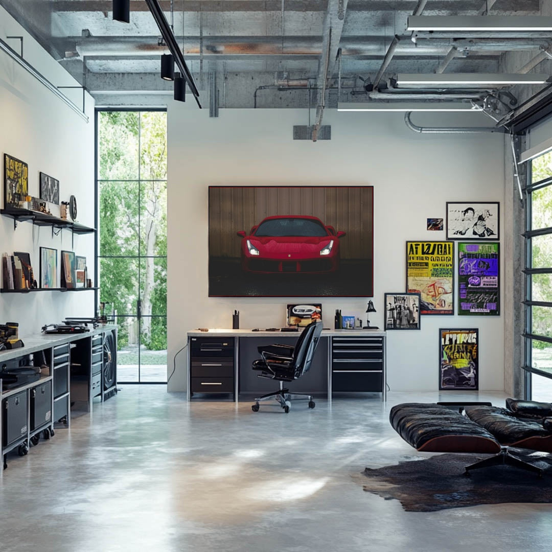 Rain-Soaked Ferrari 488 GTB showcased as car wall art in a modern office space.