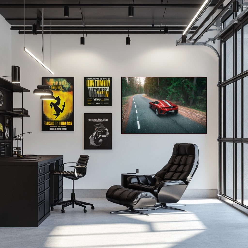 Ferrari 812 Superfast in the Forest artwork displayed in a modern office with sleek furniture and posters.