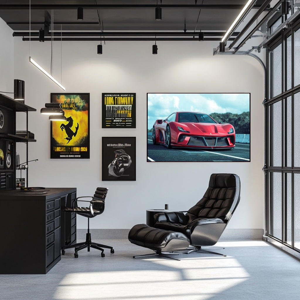 Ferrari Hypercar Pure Performance displayed in a modern office with wall art, highlighting its design and power.