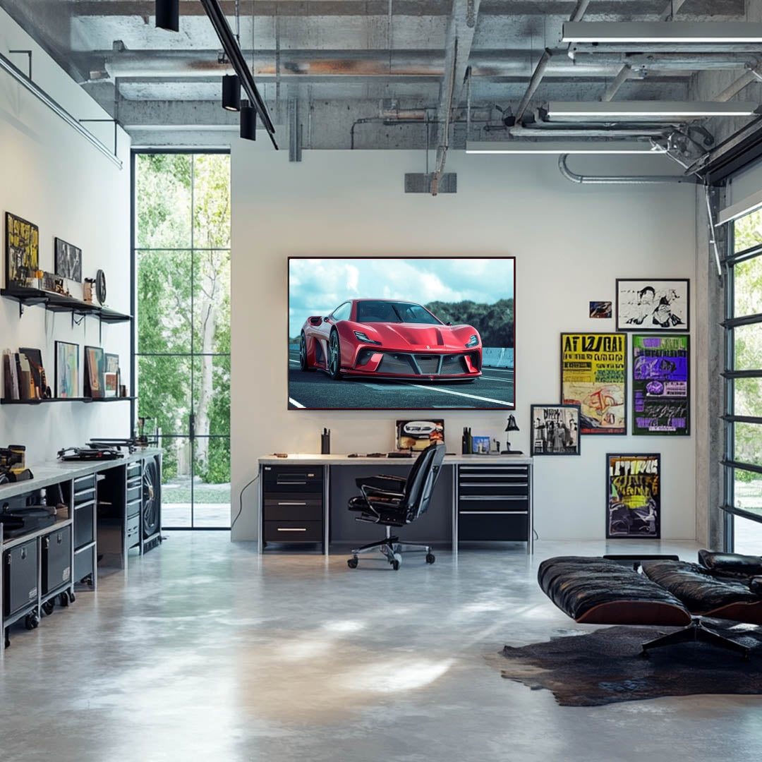 Ferrari Hypercar Pure Performance displayed as car wall art in a modern office space.