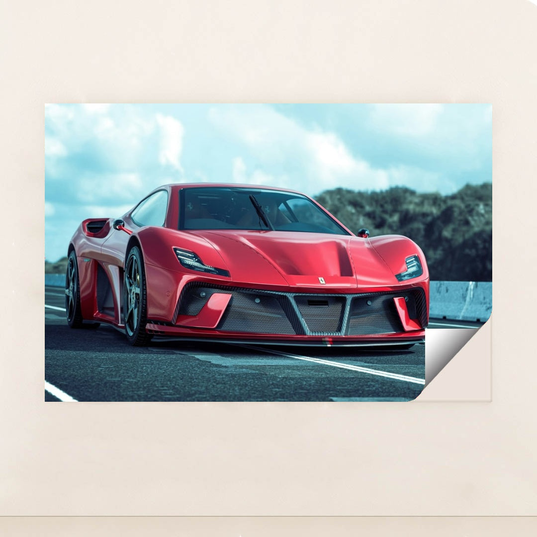 This photo shows a red Ferrari sports car with aggressive styling and carbon fiber accents on a racetrack, minimalist unframed style.