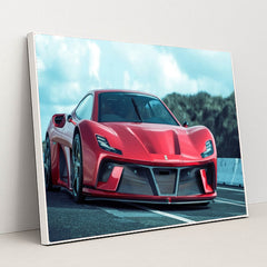 This photo shows a red Ferrari sports car with aggressive styling and carbon fiber accents on a racetrack, in a white frame.