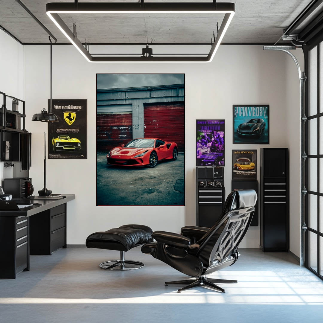 Ferrari F8 Tributo in the City's Grit, showcasing a red sports car in an industrial-themed office space.