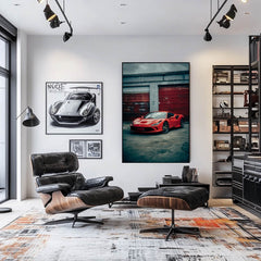 Ferrari F8 Tributo in the City's Grit displayed in modern living room with car wall art.