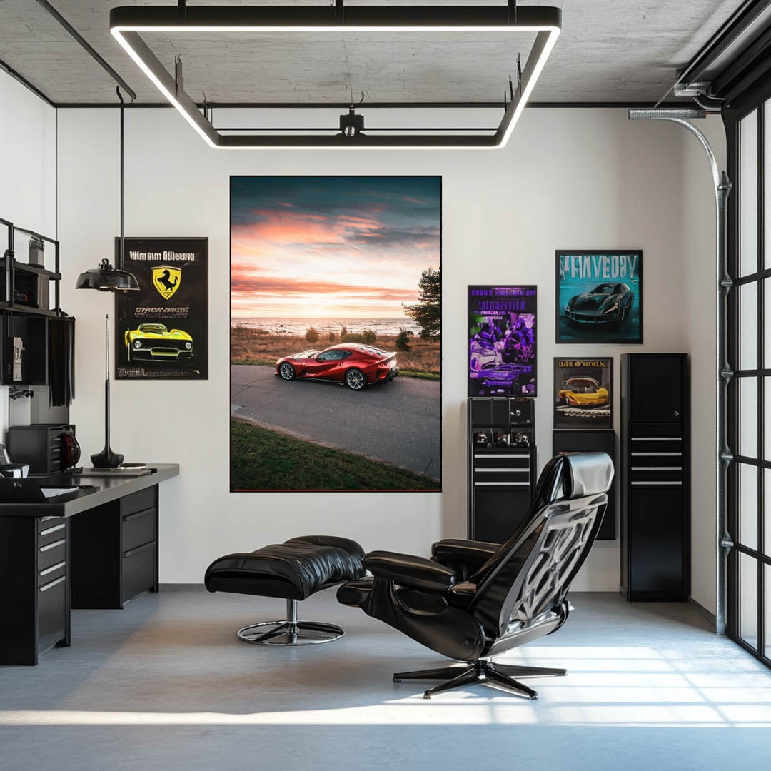 Ferrari 812 Superfast on Coastal Road showcased in a modern office with car wall art and stylish furniture.