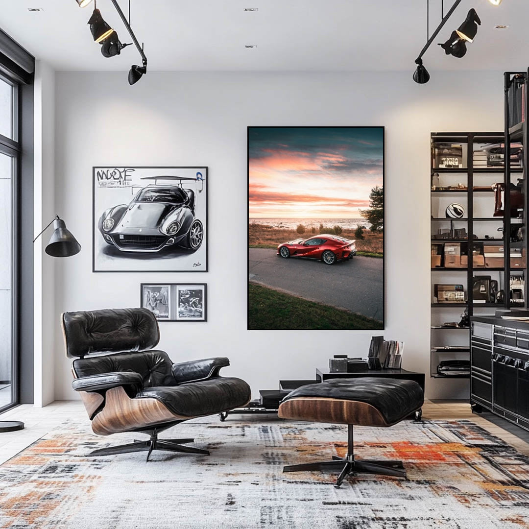 Ferrari 812 Superfast on Coastal Road showcased as car wall art in a modern home interior with stylish furniture.