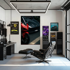 Ferrari vs. Superbike wall art featuring a red superbike and matte black Ferrari in a stylish modern workspace.