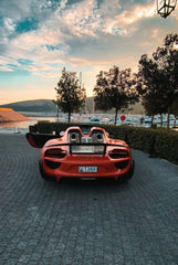 Porsche 911 GT3 RS Parked Above the Bay, showcasing its striking rear design in an elevated landscape.