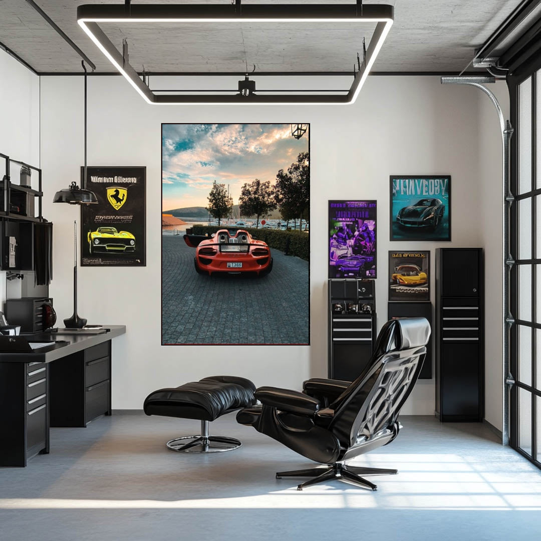 Porsche 911 GT3 RS Parked Above the Bay showcased as car wall art in a stylish office environment.