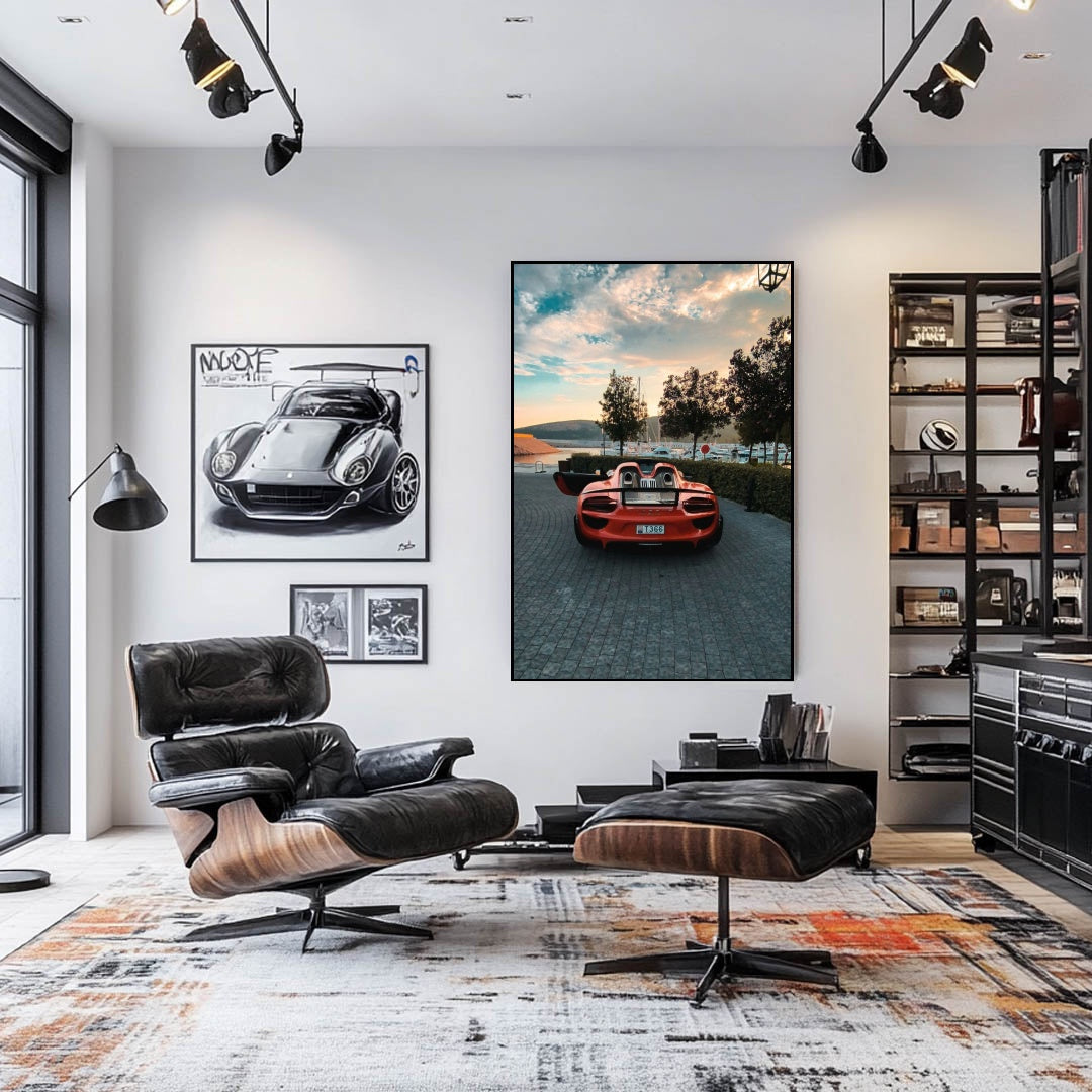 Porsche 911 GT3 RS Parked Above the Bay car wall art in modern interior with leather chair and stylish decor.
