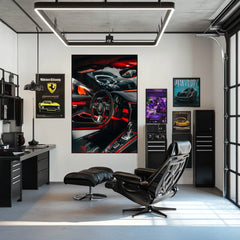 Porsche Interior in Red Glow highlighted in a stylish office setting, showcasing car wall art and modern decor.