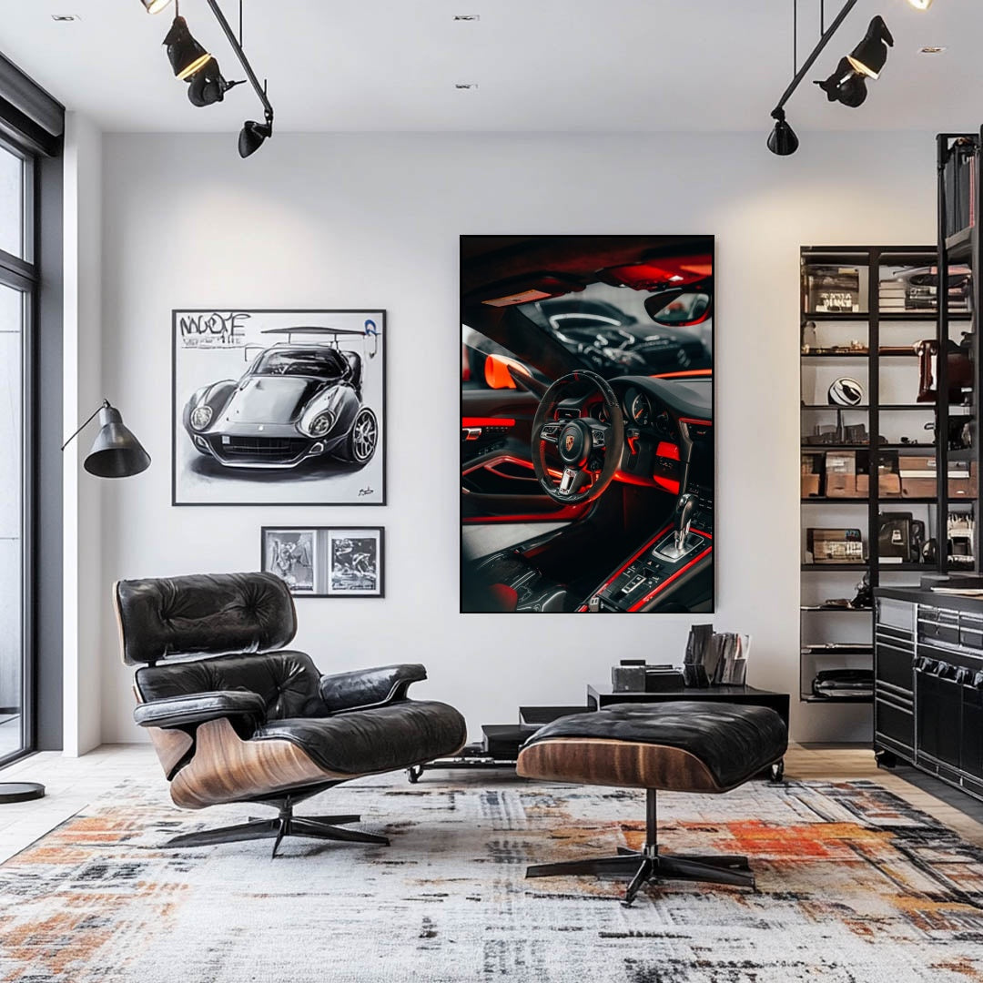 Porsche Interior in Red Glow displayed as modern car wall art in a stylish living room setting.