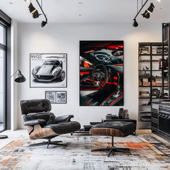 Porsche Interior in Red Glow displayed as modern car wall art in a stylish living room setting.