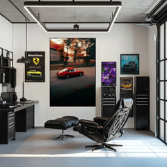 A sleek red Porsche in Motion Through Autumn Hues, showcased on a wall in a stylish office setting with car wall art.