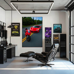 Ducati and Ferrari on the Road: Red Ducati superbike and Ferrari 488 GTB showcased as car wall art in modern office.