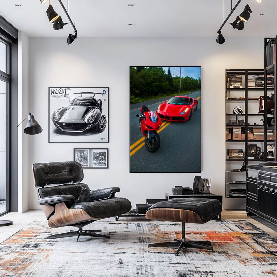 Ducati and Ferrari on the Road, featuring a red Ducati superbike and Ferrari 488 GTB on a country road as car wall art.