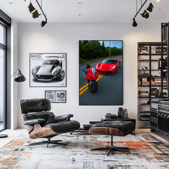 Ducati and Ferrari on the Road, featuring a red Ducati superbike and Ferrari 488 GTB on a country road as car wall art.