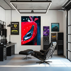 Ferrari Rosso Corsa in Focus displayed as car wall art in a modern office setting.