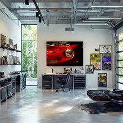 Ferrari Dino 246 GT Timeless Design showcased in a modern office space as striking car wall art on a large screen.