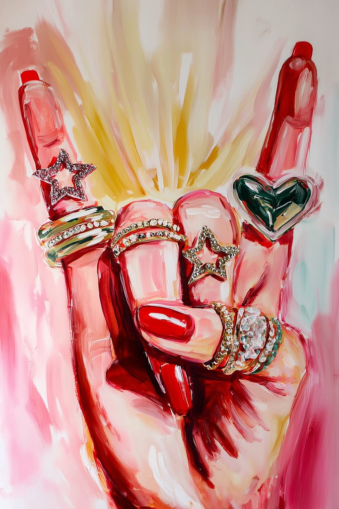 This artwork shows a hand with red nails wearing sparkly rings shaped like stars and a heart, set against pink painted brushstrokes.