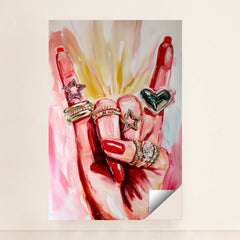 This artwork shows a hand with red nails wearing sparkly rings shaped like stars and a heart, set against pink painted brushstrokes, unframed.