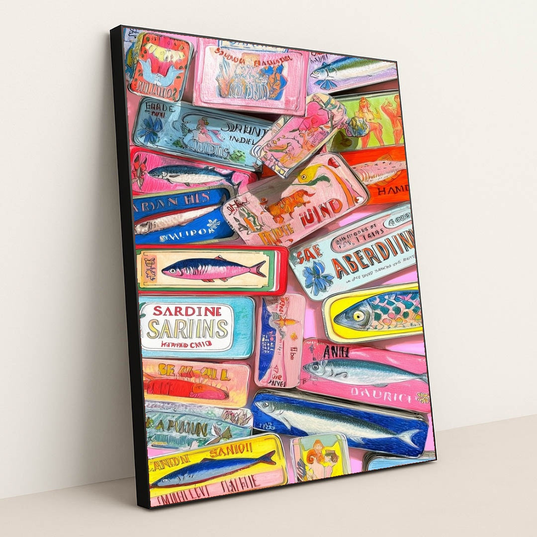 This artwork shows a colorful collection of decorative sardine cans with vintage-style labels, layered on a pink background, in a black frame.