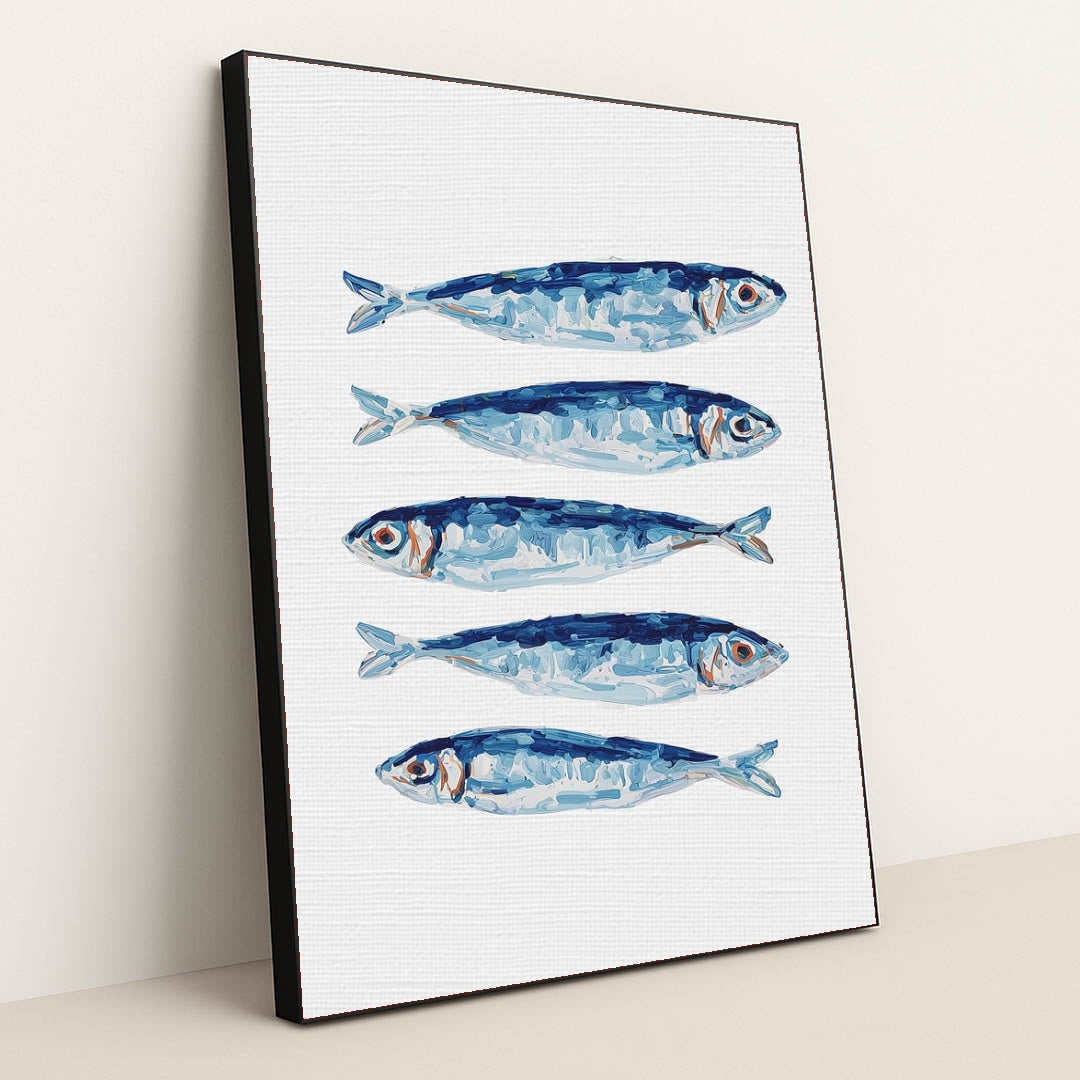 Blue Fin Row artwork features five blue and silver fish illustrated in a row on a white textured background, displayed in a black frame.