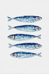 Blue Fin Row artwork features five blue and silver fish illustrated in a row on a white textured background.