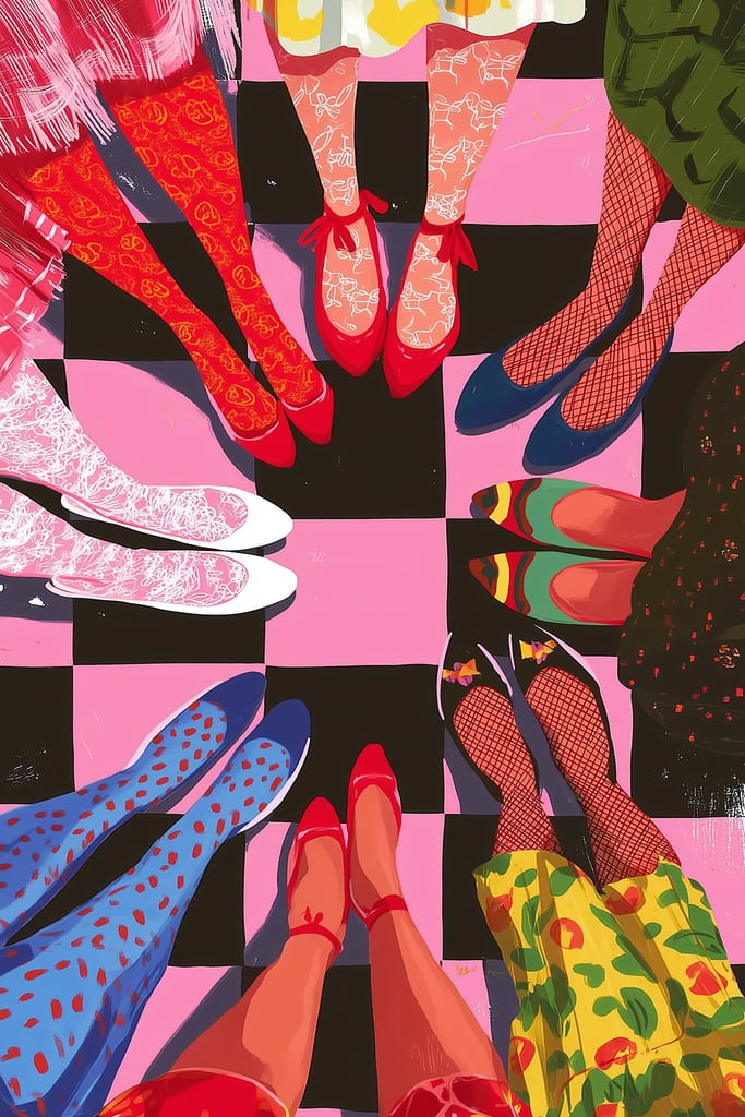 This artwork shows a circle of people with brightly patterned shoes and stockings standing on a pink and black checkerboard floor, unframed.