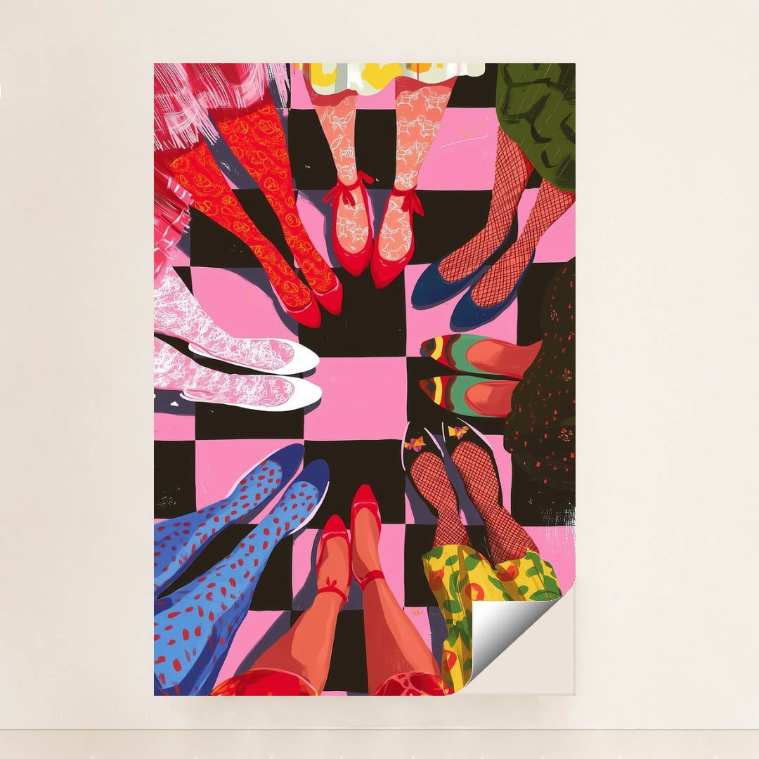 This artwork shows a circle of people with brightly patterned shoes and stockings standing on a pink and black checkerboard floor, minimalist unframed style.