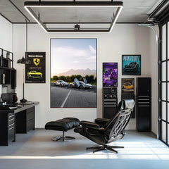 Maserati MC20 Meets Porsche GT3 car wall art in a modern office setting with sleek furniture.