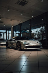 Ferrari SF90 Stradale in Showroom, showcasing sleek design and athletic presence under showroom lighting.